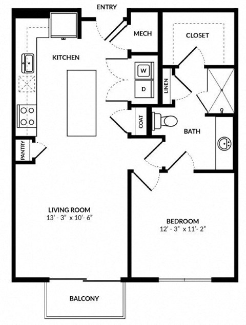 Floor plan for 1 bed, 1 bath, 849 sqft