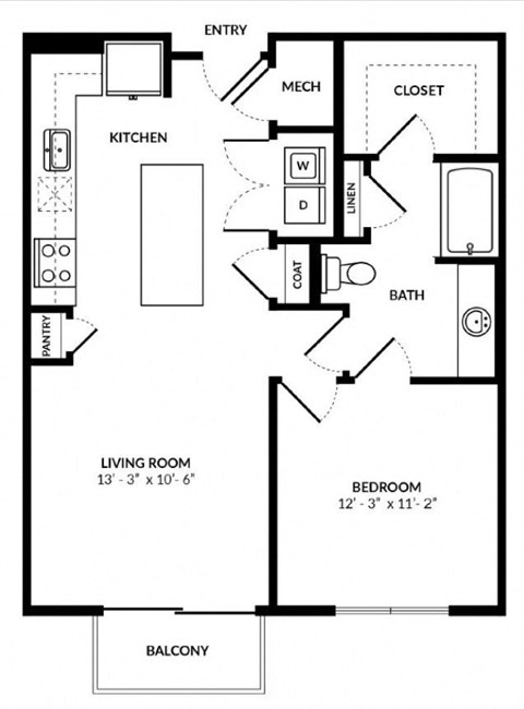 Floor plan for 1 bed, 1 bath, 748 sqft