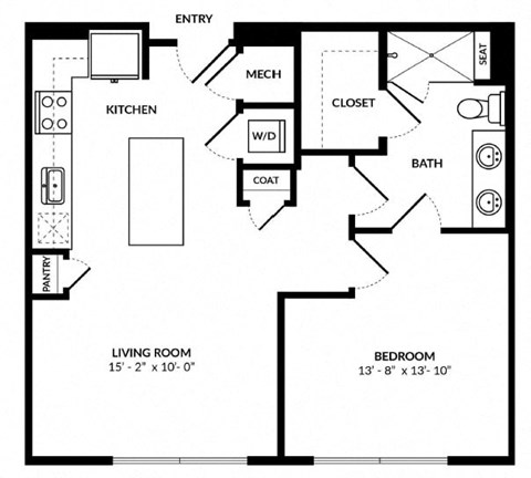 Floor plan for 1 bed, 1 bath, 751 sqft