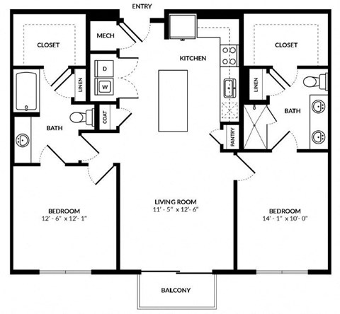 Floor plan for 2 beds, 2 baths, 1095 sqft