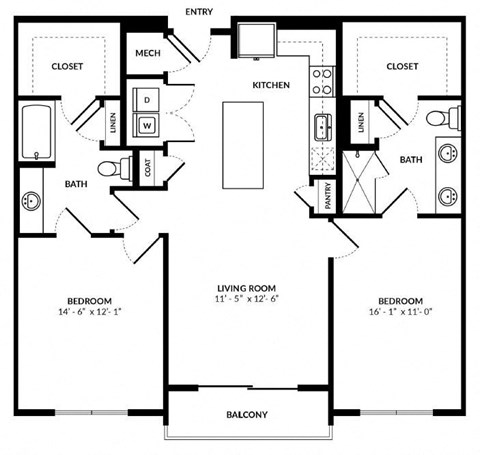 Floor plan for 2 beds, 2 baths, 1143 sqft