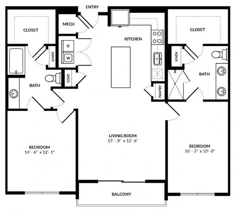 Floor plan for 2 beds, 2 baths, 1198 sqft