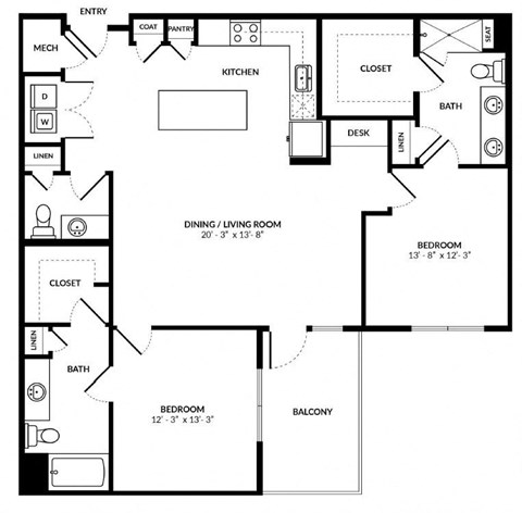 Floor plan for 2 beds, 2.5 baths, 1315 sqft