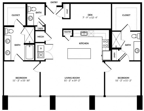 Floor plan for 2 beds, 2.5 baths, 1322 sqft
