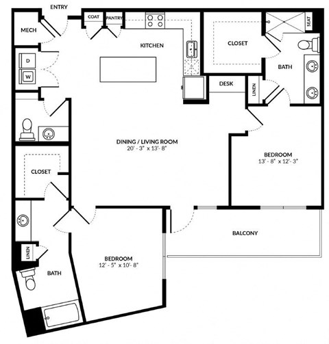 Floor plan for 2 beds, 2.5 baths, 1343 sqft