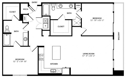 Floor plan for 2 beds, 2 baths, 1384 sqft