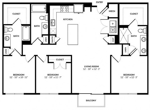 Floor plan for 3 beds, 3 baths, 1422 sqft