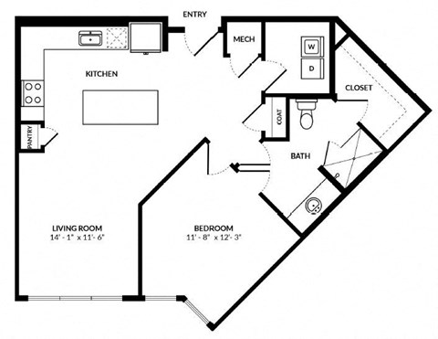 Floor plan for 1 bed, 1 bath, 846 sqft