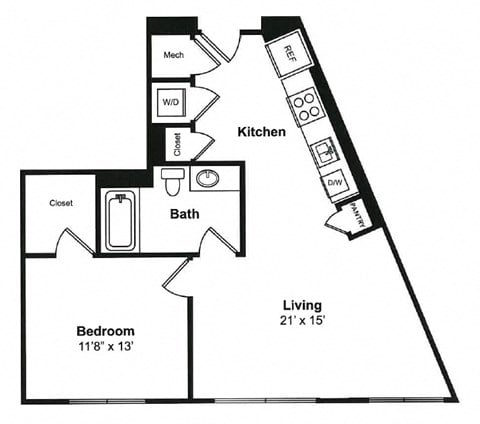 Floor plan for 1 bed, 1 bath, 764 sqft