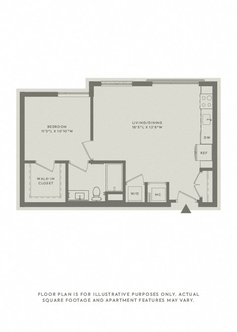 Floor plan for 1 bed, 1 bath, 684 sqft