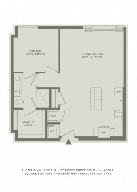 Floor plan for 1 bed, 1 bath, 897 sqft