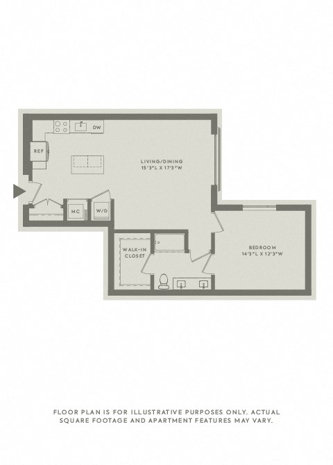 Floor plan for 1 bed, 1 bath, 943 sqft