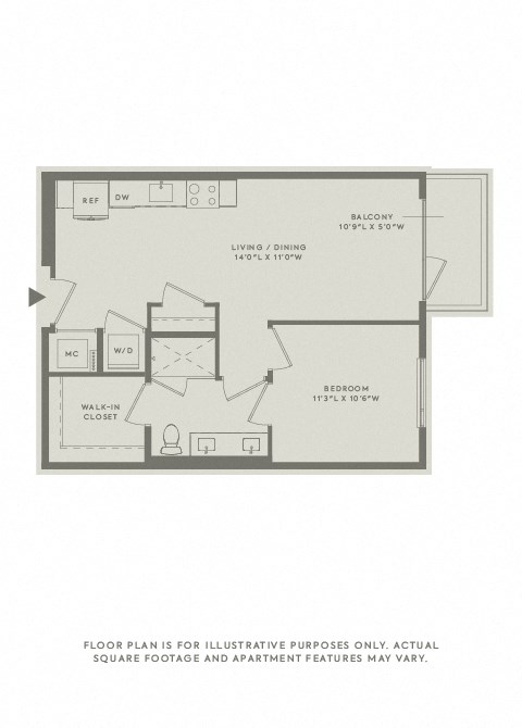 Floor plan for 1 bed, 1 bath, 687 sqft