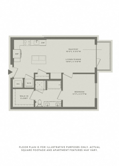 Floor plan for 1 bed, 1 bath, 732 sqft