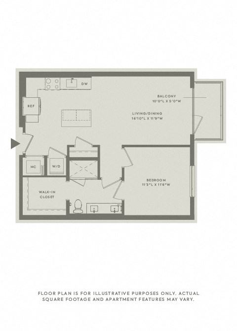 Floor plan for 1 bed, 1 bath, 736 sqft