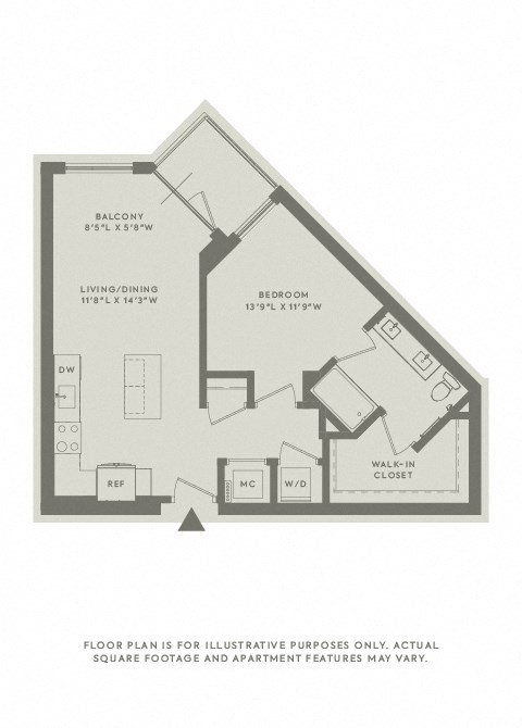 Floor plan for 1 bed, 1 bath, 737 sqft