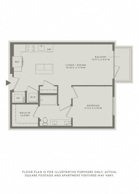 Floor plan for 1 bed, 1 bath, 738 sqft