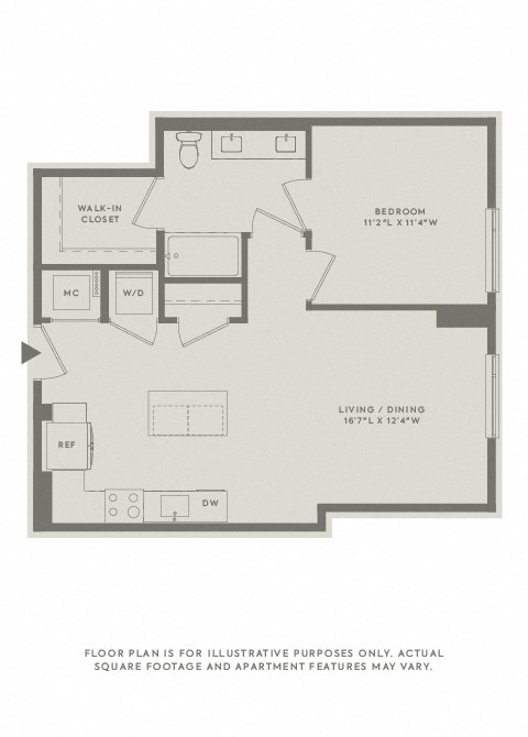 Floor plan for 1 bed, 1 bath, 765 sqft