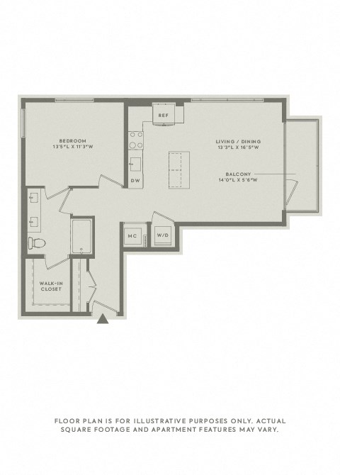 Floor plan for 1 bed, 1 bath, 835 sqft