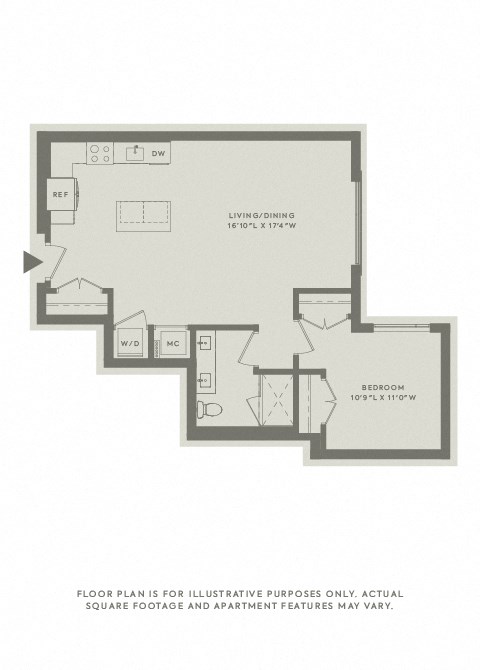 Floor plan for 1 bed, 1 bath, 838 sqft