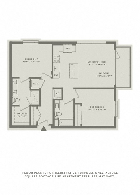 Floor plan for 2 beds, 2 baths, 1046 sqft