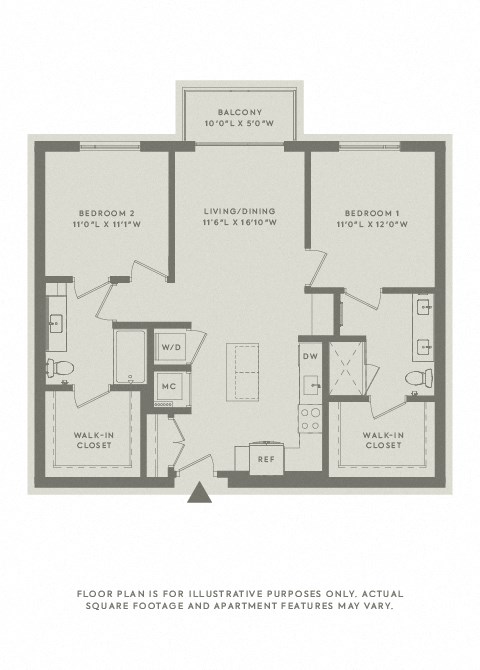 Floor plan for 2 beds, 2 baths, 1054 sqft