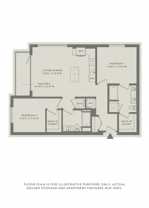 Floor plan for 2 beds, 2 baths, 1157 sqft