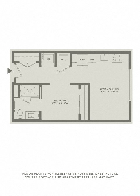 Floor plan for studio, 1 bath, 528 sqft