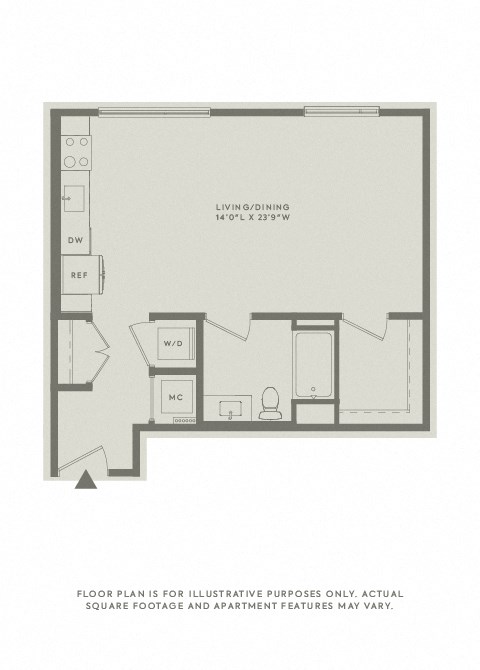 Floor plan for studio, 1 bath, 639 sqft