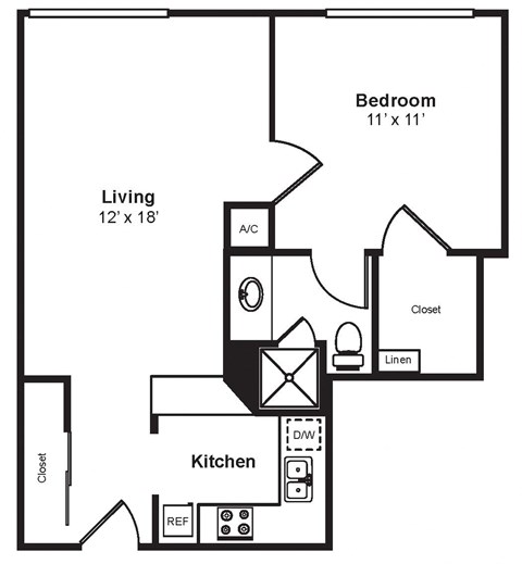 Floor plan for 1 bed, 1 bath, 568 sqft