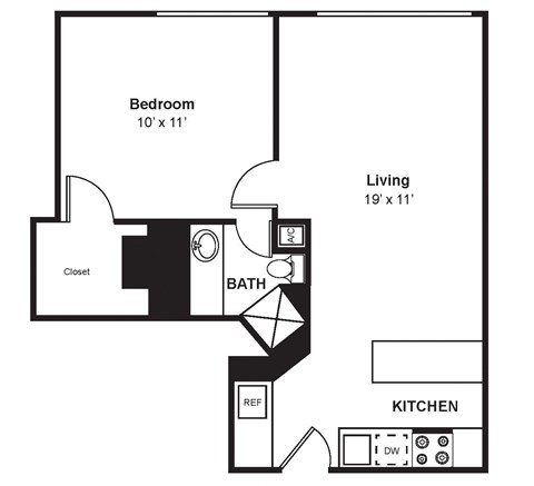 Floor plan for 1 bed, 1 bath, 580 sqft