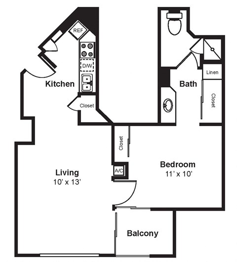 Floor plan for 1 bed, 1 bath, 640 sqft