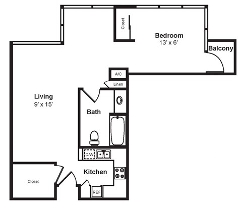 Floor plan for 1 bed, 1 bath, 695 sqft