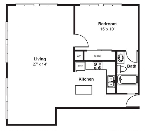 Floor plan for 1 bed, 1 bath, 821 sqft