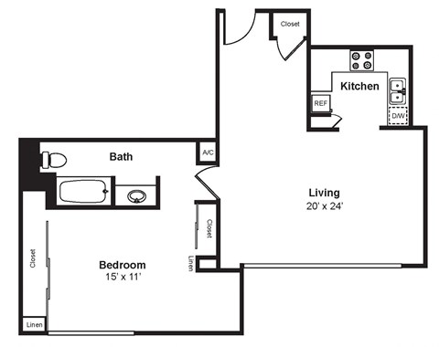 Floor plan for 1 bed, 1 bath, 830 sqft