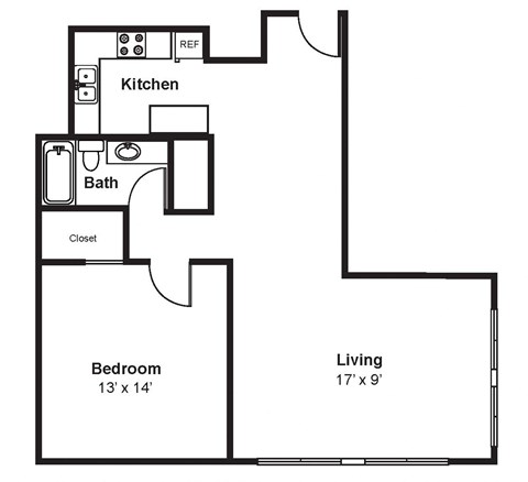 Floor plan for 1 bed, 1 bath, 844 sqft