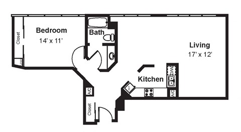 Floor plan for 1 bed, 1 bath, 917 sqft