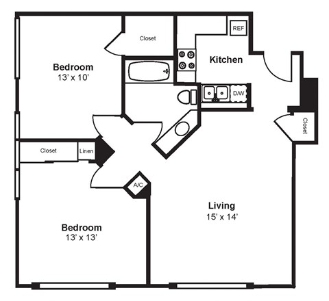 Floor plan for 2 beds, 1 bath, 848 sqft
