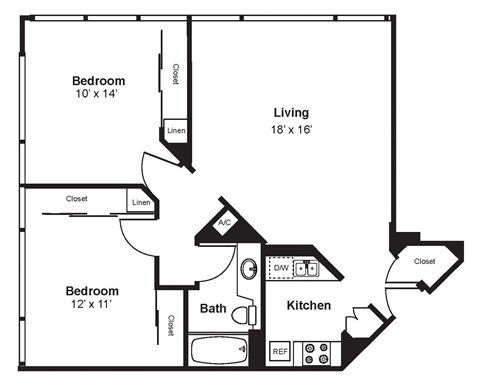 Floor plan for 2 beds, 1 bath, 905 sqft