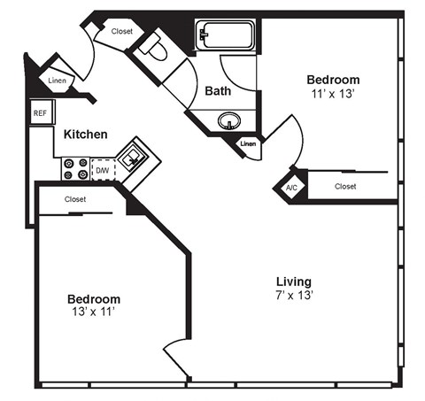 Floor plan for 2 beds, 1 bath, 920 sqft