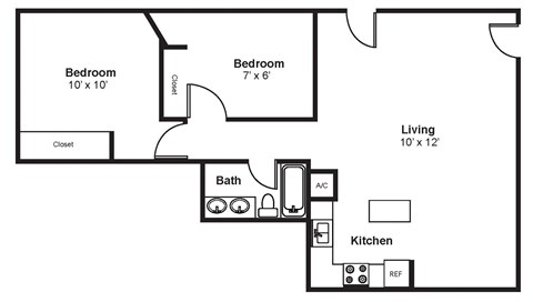 Floor plan for 2 beds, 1 bath, 983 sqft