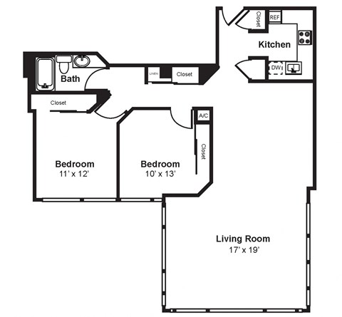 Floor plan for 2 beds, 1 bath, 1180 sqft
