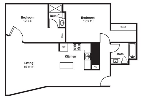 Floor plan for 2 beds, 2 baths, 839 sqft