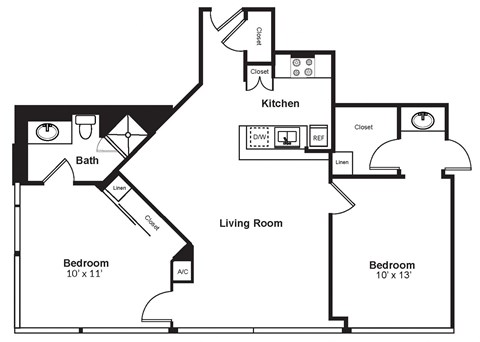 Floor plan for 2 beds, 2 baths, 900 sqft
