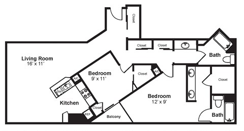 Floor plan for 2 beds, 2 baths, 1255 sqft