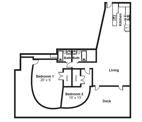 Floor plan for 2 beds, 2 baths, 1300 sqft