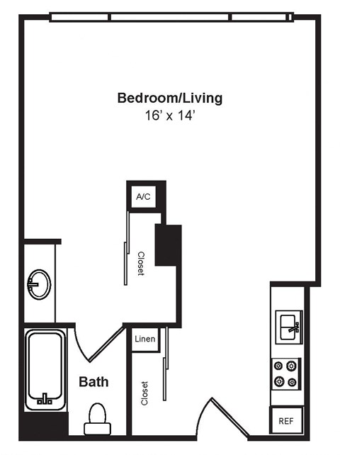 Floor plan for studio, 1 bath, 514 sqft