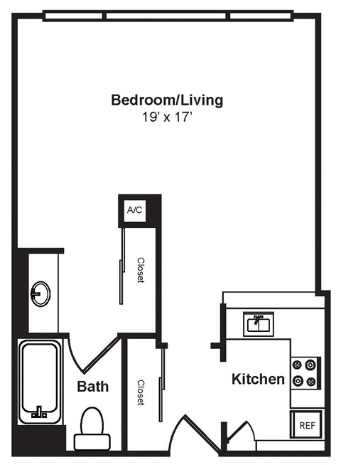 Floor plan for studio, 1 bath, 535 sqft