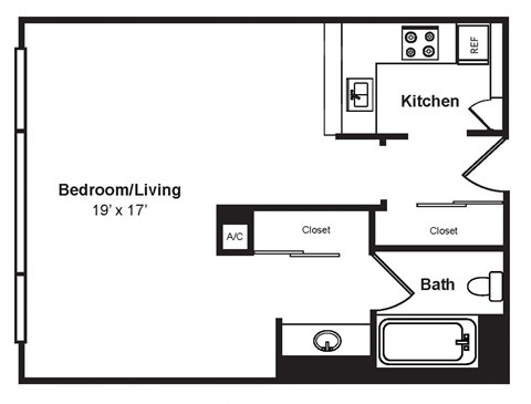 Floor plan for studio, 1 bath, 555 sqft