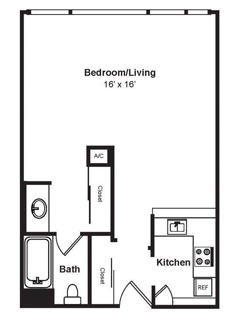 Floor plan for studio, 1 bath, 570 sqft